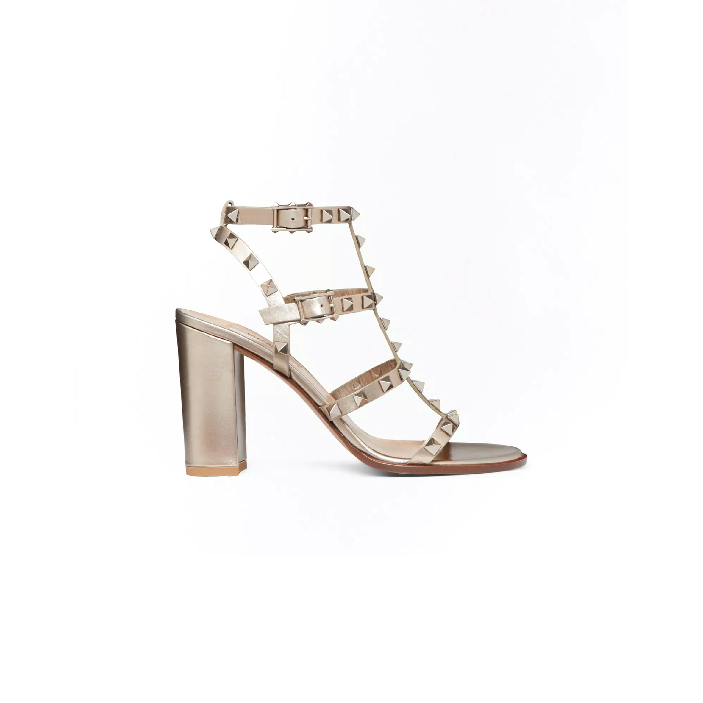 VALENTINO ROCKSTUD METALLIC CALFSKIN LEATHER ANKLE STRAP SANDAL 90MM 5W2S0749RZD_S69